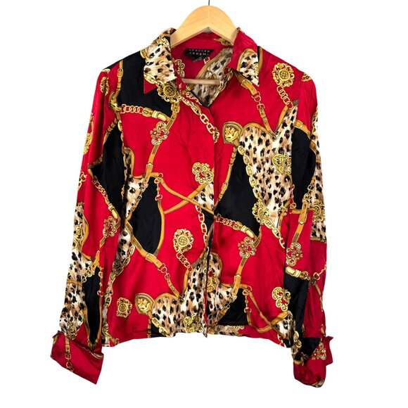 VTG Spencer Jeremy 10% Silk leopard chain print satin blouse 90s sz 6 - Picture 1 of 6